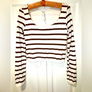 Altar’d State Striped Long Sleeve Crop Top | Ivory & Brown | L/XL | NWT